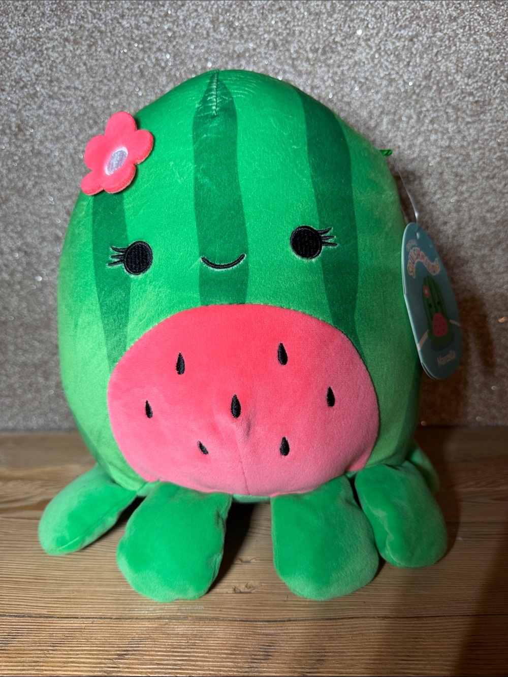 Squishmallows Green Watermelon Octopus Plush with Pink Face and Flower Marcella
